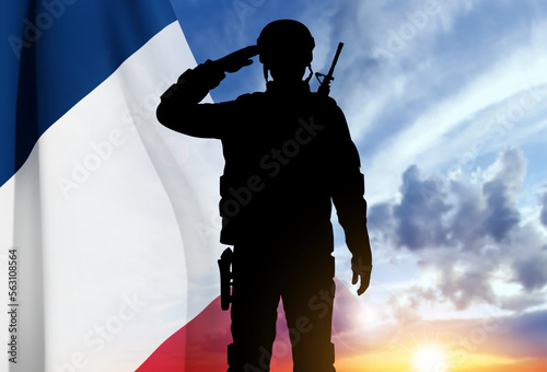 Silhouette of French saluting soldier on background of sky and French flag. Concept - Armed Forces. EPS10 vector