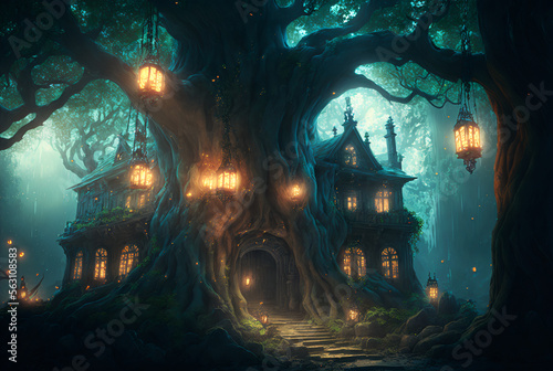 Fantasy forest tree house village scene AI Generative  © warpaintcobra
