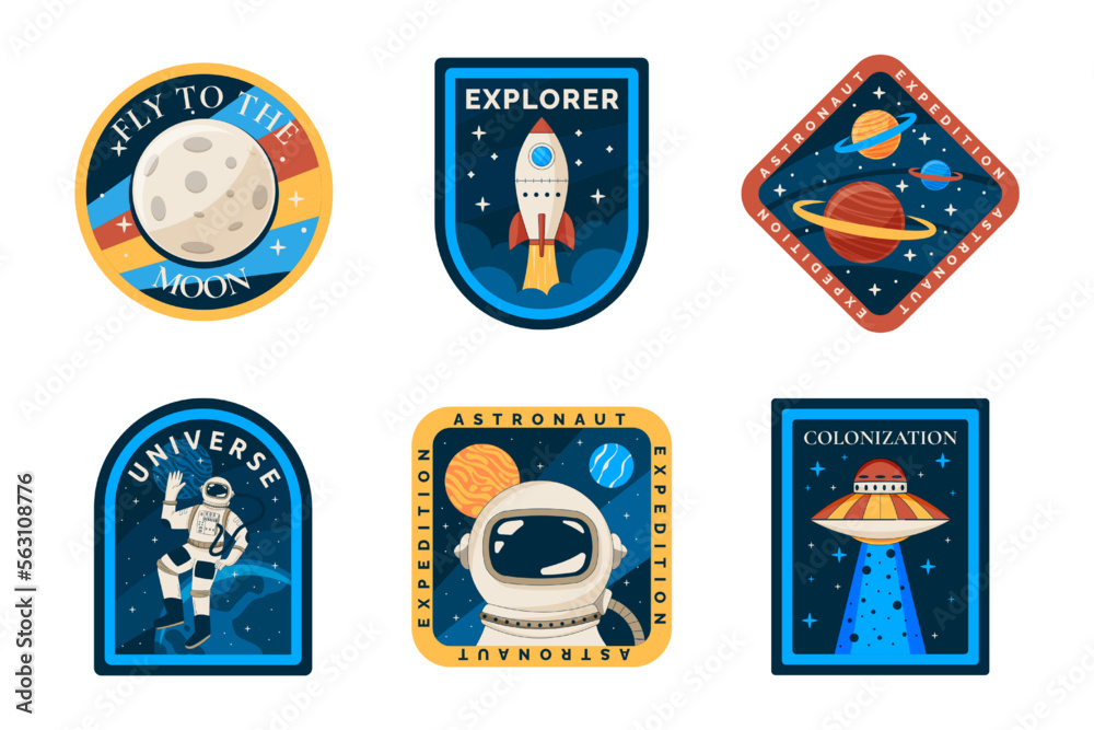 Astronaut space patch, colorful logo design, label or badge set. Boy t shirt stickers for mars mission with galaxy rocket, retro planets and stars. Vector graphic garish emblems collection