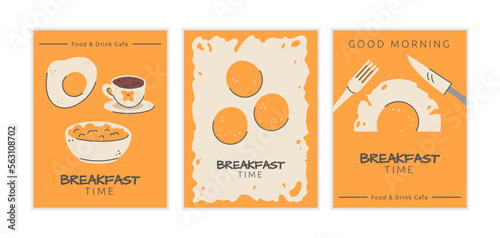 Breakfast egg menu. Lunch time. Restaurant dinner with omelet. Morning food cooking. Retro kitchen flyers. Yellow fried yolks. Porridge and coffee. Vector illustration garish banners set
