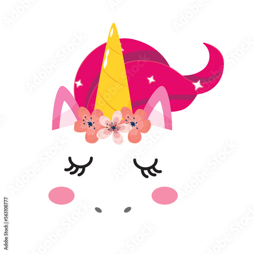 Vector flat pink unicorn face icon with flowers and  eyes icon.