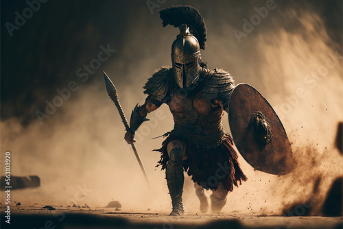 Illustration of a running spartan warrior in armor with a spear and shield, antique military in motion, ancient soldier in a helmet, dynamic image, realistic art created by ai