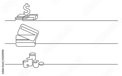 continuous line drawing vector illustration with FULLY EDITABLE STROKE of dollar sign credit cards money coins