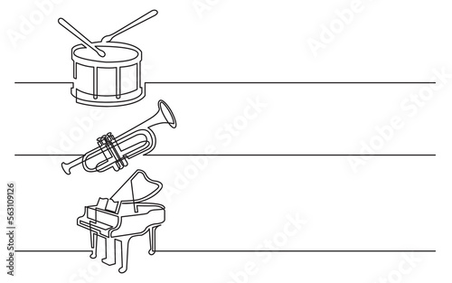 continuous line drawing vector illustration with FULLY EDITABLE STROKE of drum drumstick trumpet grand piano