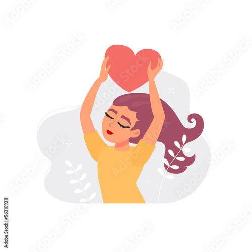 Happy young woman holding a heart above her head. Concept of acceptance and self love. Positive psychology, optimism and mental health.
