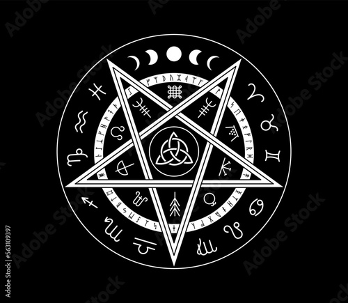 Celtic occult symbol. Magic pentagram. Circle Wicca zodiac pagan. Ritual Wiccan alchemy pictogram. Astrology phases. Rune and horoscope signs. Witchcraft emblem. Vector design utter icon