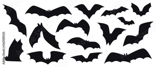 Halloween vampire wings, bat silhouettes. Spooky shadow shapes, bad black animals in different poses, flight horror bloodsuckers. Creepy flittermouse. Vector cartoon recent isolated set