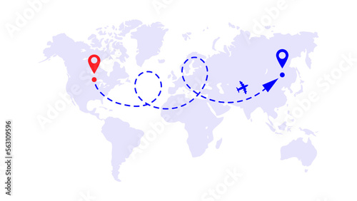 The direction from the point to the destination on the background of the world map. The plane flies and leaves a blue dotted line trail. Vector illustration