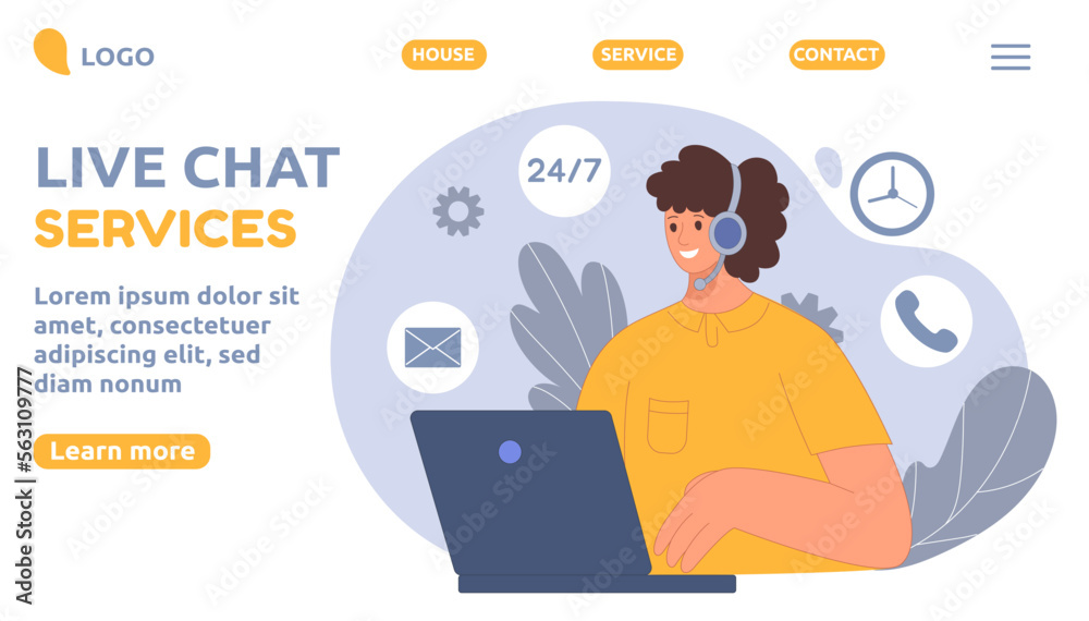 Customer service desk, helpline landing page. Client support on phone, hotline problem help, business chat. Woman working on laptop. Vector cartoon flat illustration tidy web banner template