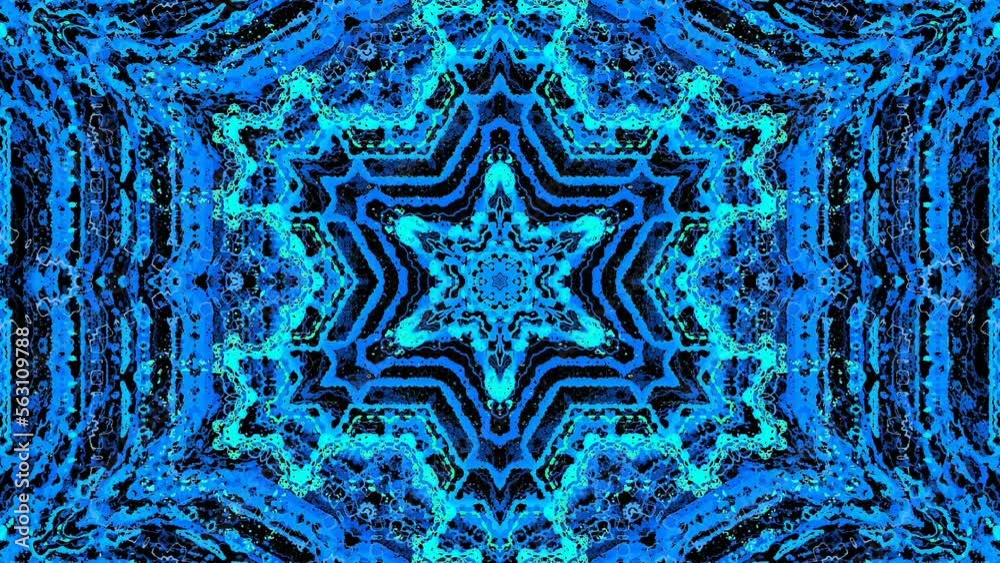 Flying through blue fractal colorful  particle spotted tunnel. Glowing design element on black background