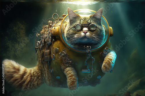 Scuba diving steampunk cat swimming in the ocean illustration generative ai