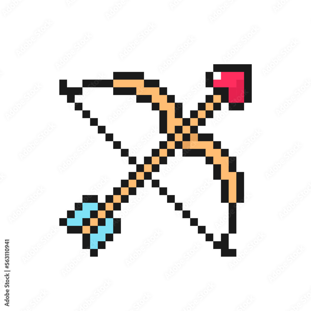 Cupid bow and arrow with heart, pixel icon. Love symbol for Valentine's Day. Isolated on white background vector sign Cupid bow and arrow with heart, pixel icon. Love symbol for Valentine's Day. Isolated on white background vector sign