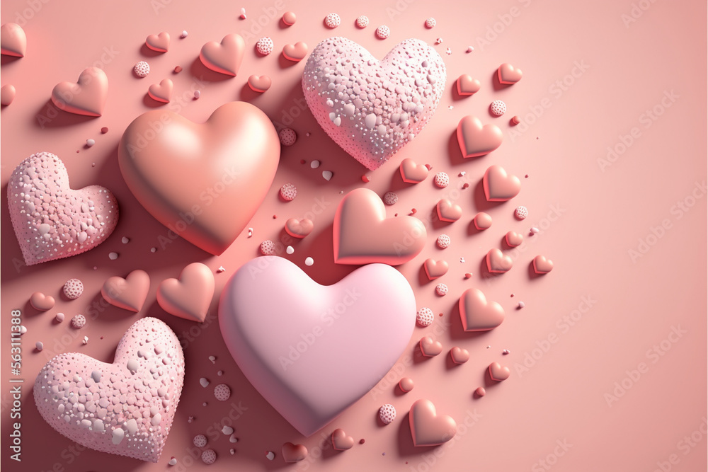 Pink hearts, rendered with intricate textured surfaces that capture the imagination
