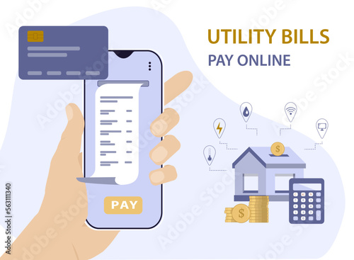 The concept of mobile payment for energy consumption and utilities at home. Illustration of paying the cost of living