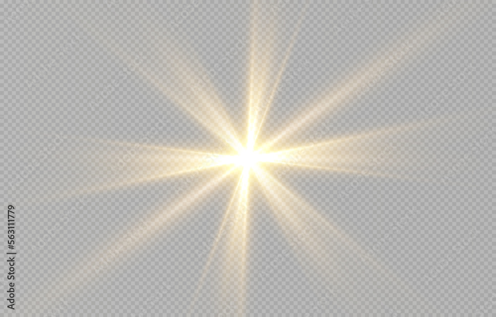 Vector light on isolated transparent background. Sun, rays of light png. Magic glow, golden light png.	