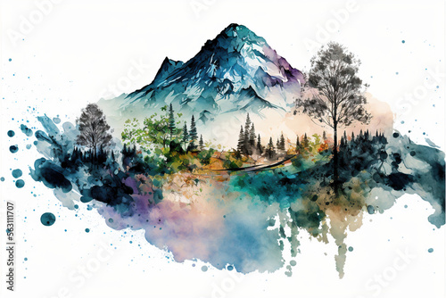 Panorama with mountains and trees in watercolor - generated by Generative AI
