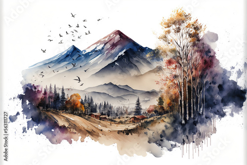 Panorama with mountains and trees in watercolor - generated by Generative AI
 photo