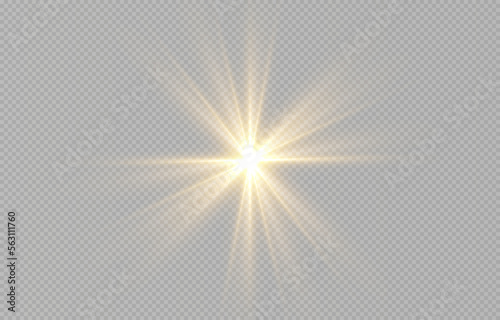 Vector light on isolated transparent background. Sun, rays of light png. Magic glow, golden light png. 