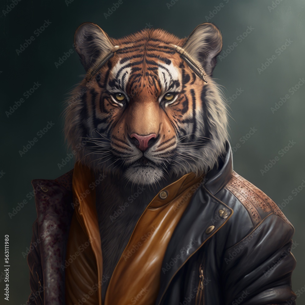 Bengal tiger, wearing a Y2K outfit design aesthetic illustration made with Generative AI