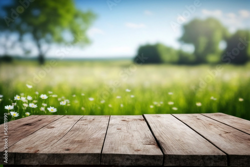 Empty wooden table surface with copy space  spring meadow background. AI