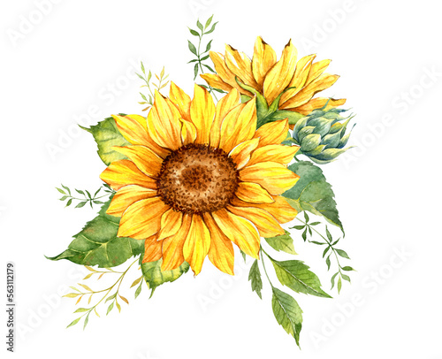 Watercolor sunflowers bouquet, hand painted sunflower bouquets with greenery, sunfower flower arrangement. Wedding invitation clipart elements. Watercolor floral. Botanical Drawing. White background. 