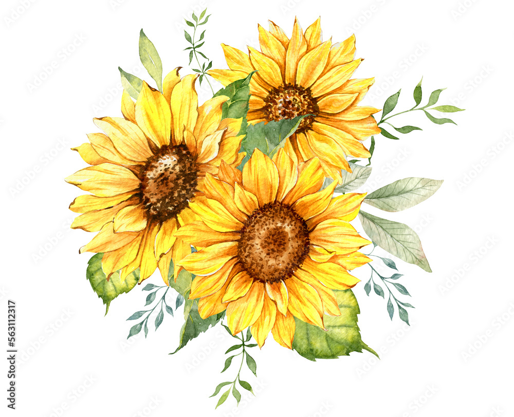 Naklejka premium Watercolor sunflowers bouquet, hand painted sunflower bouquets with greenery, sunfower flower arrangement. Wedding invitation clipart elements. Watercolor floral. Botanical Drawing. White background. 