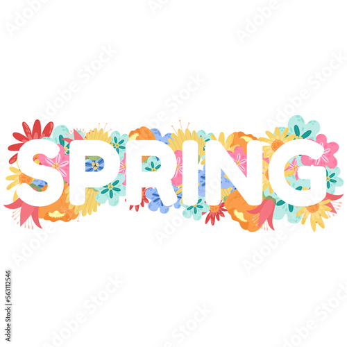 Word Spring with flowers. Isolated on white background with text lettering  spring