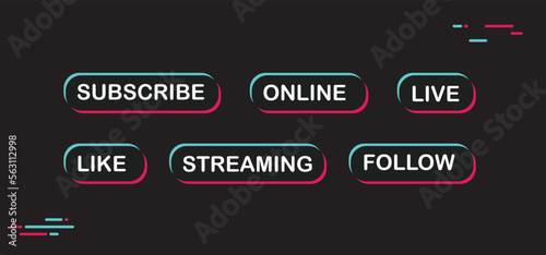 Social media call to action buttons. Streaming live online, follow, like and subscribe. Click here.