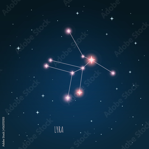 Constellation scheme in starry sky. Open space. Vector illustration Lyra constellation through a telescope