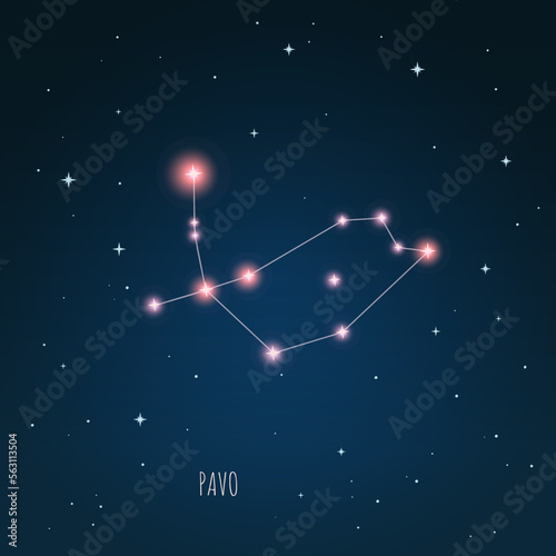 Constellation scheme in starry sky. Open space. Vector illustration Pavo constellation through a telescope