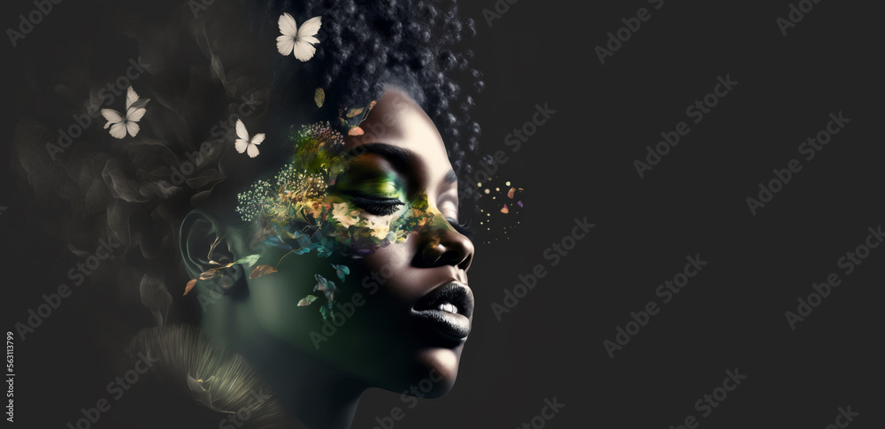 Profile face view with eyes closed of beautiful African woman painting combined with nature background on black panoramic copy space. Generative AI