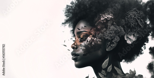 Beautiful face with eyes closed of African woman on white panoramic background. Black and white toned image. Generative AI	
