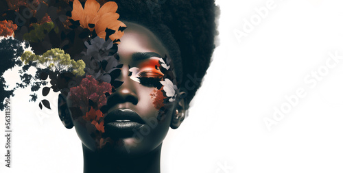 Front view face with eyes closed of beautiful African woman painting combined with nature background on black panoramic copy space. Generative AI