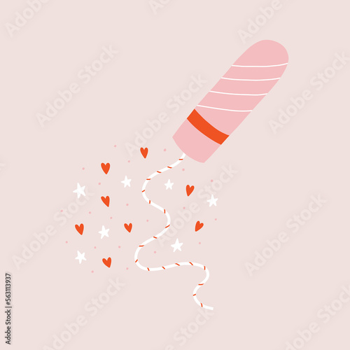 Menstrual tampon with stars hearts confetti. Protection for menstrual period in critical days. Intimate hygiene health for vagina. Hand Drawn vector illustration