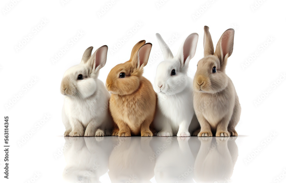 Easter Bunny Rabbits, four cute fluffy dwarf bunnies sitting together on a white background. AI generative Easter Bunny Rabbits, four cute fluffy dwarf bunnies sitting together on a white background. AI generative