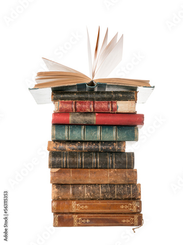 Large books pile with single open book on it isolated png with transparency