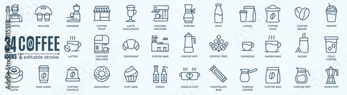 Coffee elements editable stroke pictogram and minimal thin line web icon set. Outline icons collection. Simple vector illustration