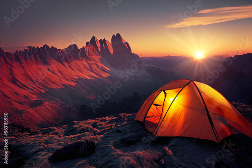 tourist tent camping in mountains at sunset, Generative AI
