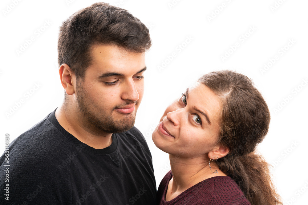 Adult boyfriend looking at female model wearing autumn attire Adult boyfriend looking at female model wearing autumn attire