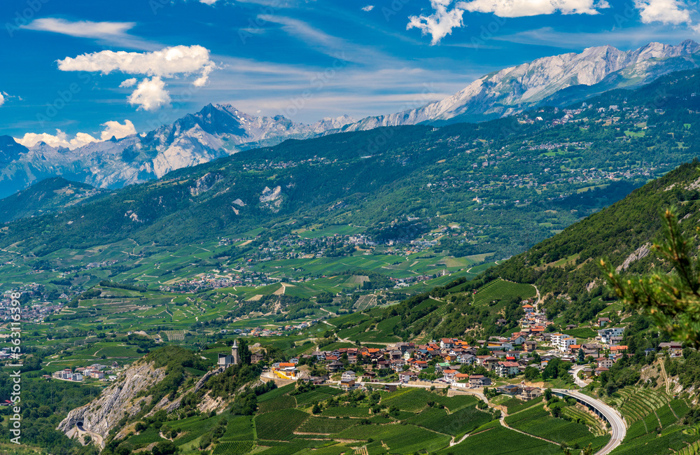 Switzerland 2022, Beautiful view of the Alps. Panorama of Crans-Montana.