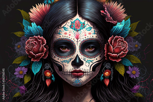 cartoon of woman face painted with delicate skull, representing Santa Muerte deity, for mexican dia de los muertos