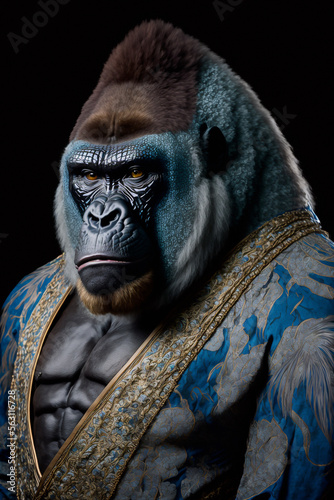 A beautiful majestic gorilla ape wearing a blue and gold elegance kimono - AI generative technology