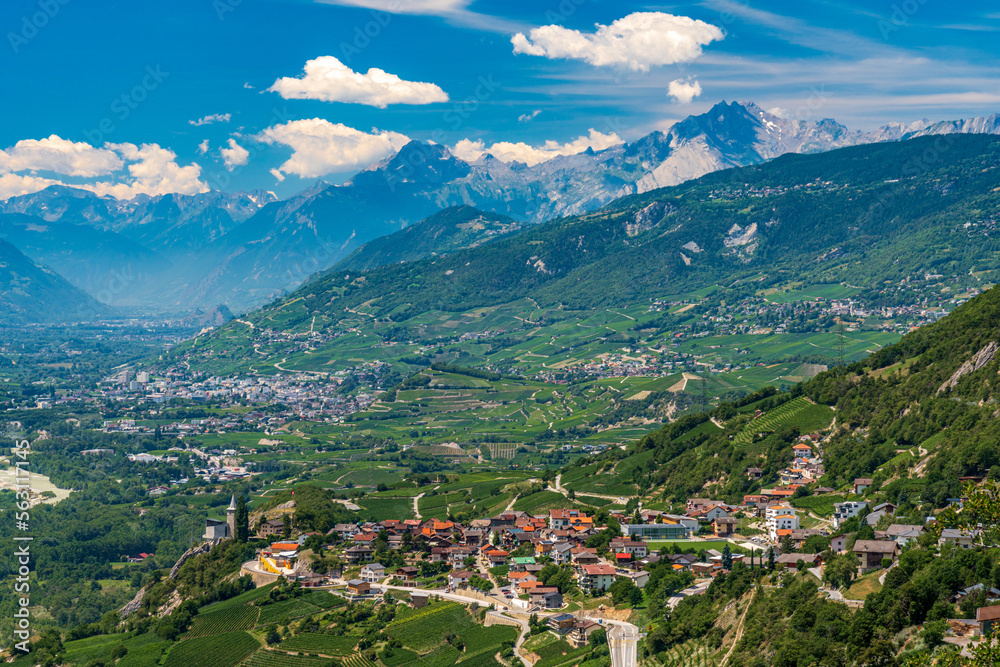 Fototapeta premium Switzerland 2022, Beautiful view of the Alps. Panorama of Crans-Montana.