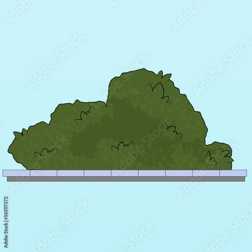 green bush with small leaves, sunny shadows, lush, contour stroke, vector illustration