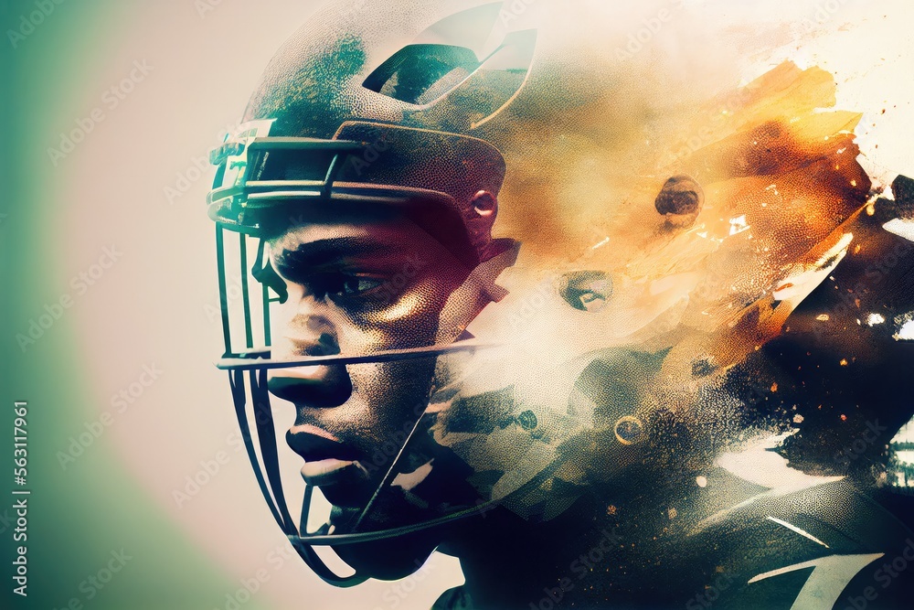 colourful multi exposure illustration of american football player with helmet, generative ai colourful multi exposure illustration of american football player with helmet, generative ai