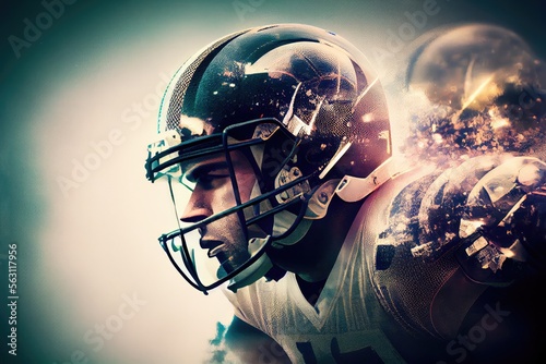 colourful multi exposure illustration of american football player with helmet, generative ai