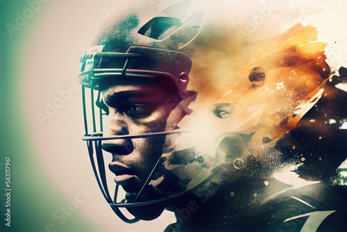 colourful multi exposure illustration of american football player with helmet, generative ai