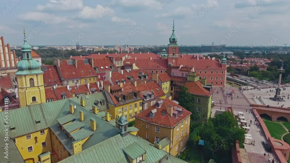 aerial view of Warsaw old town, historical centre of Warsaw at sunrise, flying above Warsaw royal castle, capital of Poland, tourism in Eastern Europe. High quality 4k footage aerial view of Warsaw old town, historical centre of Warsaw at sunrise, flying above Warsaw royal castle, capital of Poland, tourism in Eastern Europe. High quality 4k footage