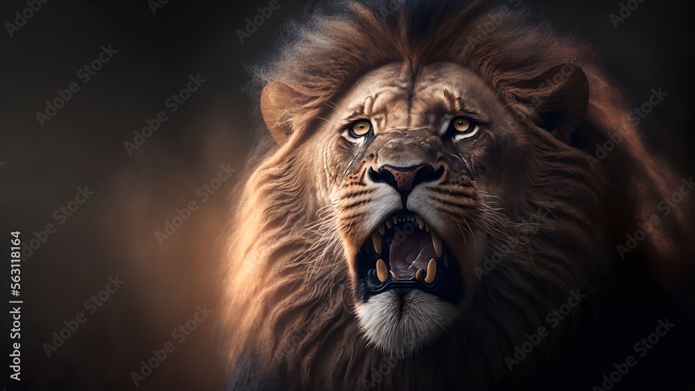 Fototapeta premium Portrait of a male lion isolated on a black background created with Generative AI Technology 