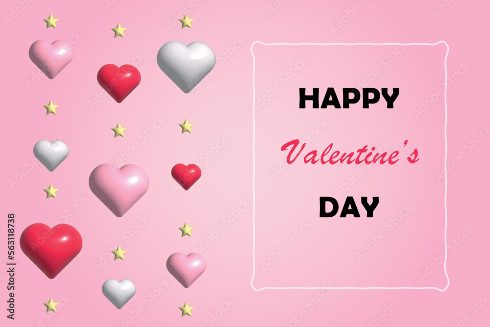 Valentine's day card with 3D hearts and stars with lettering on pink background